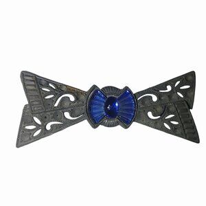 Antique Victorian Art Deco Filigree Bow Brooch Lace Lapel Pin Curve Blue Center